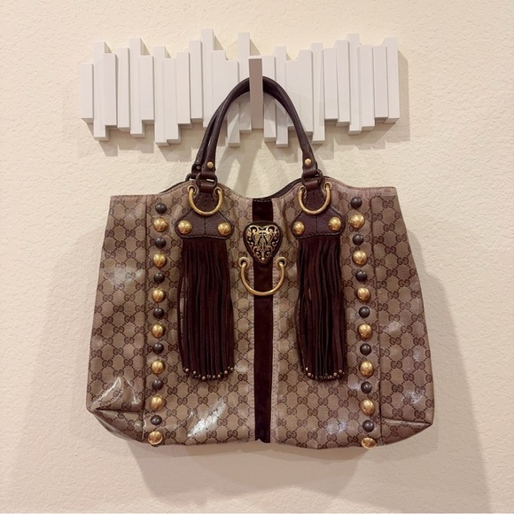 Authentic Gucci Beige Ebony GG Crystal Canvas Babouska Heart Tote Bag Large - Picture 1 of 14